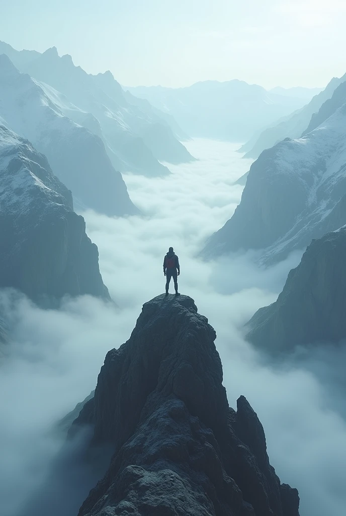 figure standing on a mountain peak, gazing at a fog-covered valley below