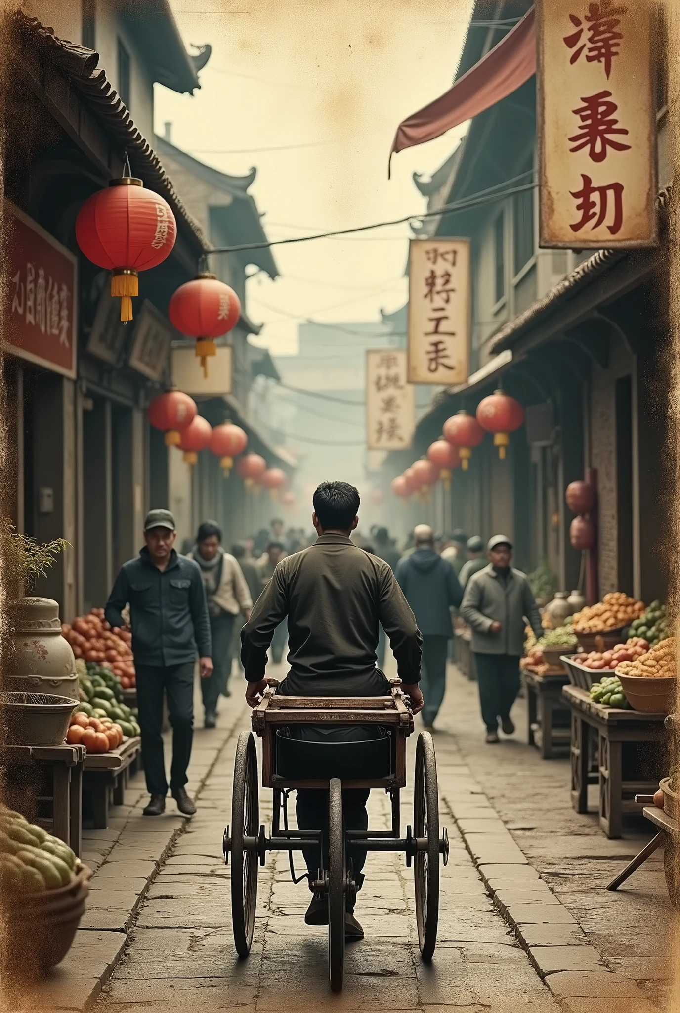 Photographie ancienne usée. Scène de vie.  Pousse-pousse vue de face dans une ville provincial Canton en Chine dans les années. Symbole de la pauvreté asiatique. Ruelle agités de beaucoup de passants. Grosse foule. Marchés. Stand. Marchand de véritables vase dynastie Ming. Marchands de fruits et légumes. Écriture chinoise. Pancartes. Lanternes. ((Beaucoup de mondes))