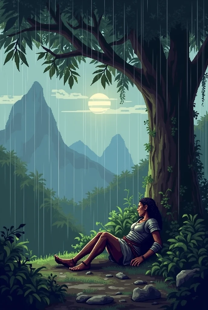 A pixel art scene depicting a medieval warrior woman wearing light armor, exhausted and in pain. She has dragged herself to a large tree in the middle of a dense jungle during a storm. She is reclining against the tree, her legs stretched out and appearing weak, as if they no longer respond due to the pain. The rain is pouring down heavily, and she appears deep in thought, waiting for the storm to pass. Mud covers parts of her armor, and the large tree provides some shelter from the relentless rain. The surrounding jungle is dark and ominous, with occasional flashes of lightning that reveal the dense foliage and the distant silhouette of towering mountains. The atmosphere is somber, with muted colors like deep greens, grays, and subtle blues, capturing the reflective and tense moment in a detailed pixel art style.