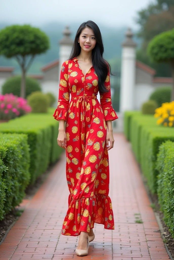 full-body portrait of an asian woman walking on a brick pathway in an outdoor garden setting. She has long, straight black hair and fair skin. She is wearing a long, red floral dress with three-quarter sleeves and a ruffled hem. The dress features a pattern of yellow and orange flowers. She is also wearing beige high-heeled sandals. The background includes green shrubs and flowering plants, with white stone structures and a cloudy sky visible in the distance. The overall scene is serene and picturesque. Looking at camera