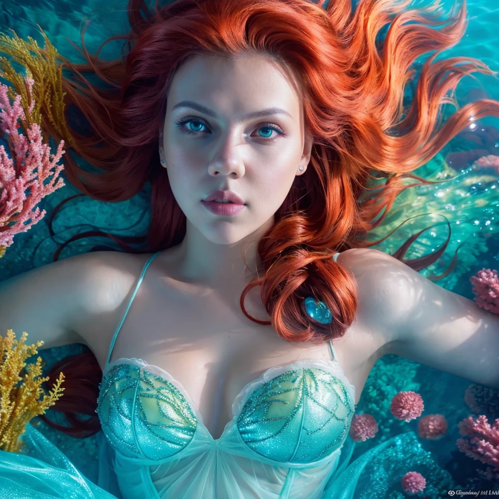 scarlett johansson as ariel the mermaid, beautiful detailed eyes, beautiful detailed lips, extremely detailed face and skin, long flowing hair, underwater scene, coral reef, colorful tropical fish, sunlight shimmering on the water, fantasy, ethereal, whimsical, vibrant colors, cinematic lighting, masterpiece, best quality, 8k, photorealistic