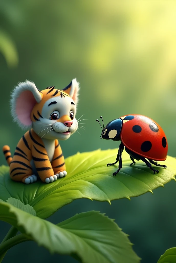 Create a ladybug sitting on a leaf looking at a cartoon elephant and tiger having a conversation