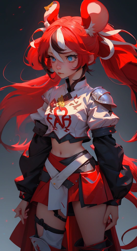 envision a 8k, highres, cinematic, beautiful full body design sheet of an evil small Chaos girl named Hakos Baelz with long red and white hair in pigtails, mouse ears, blue eyes, in a cropped white shirt with armor, and red skirt against a dark gray background