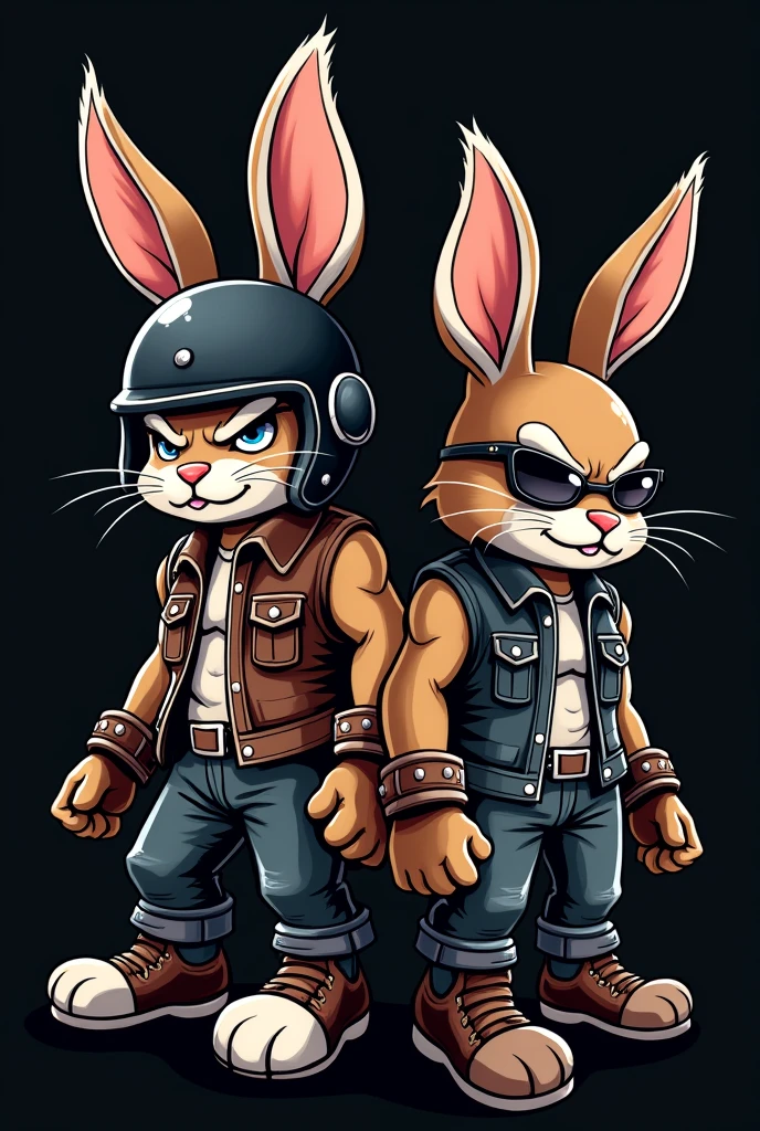 Create a logo with two biker rabbits, one of them with a helmet with his ears sticking out of the helmet and a vest, another that is female with glasses, vest and boots, that they look a little more aggressive