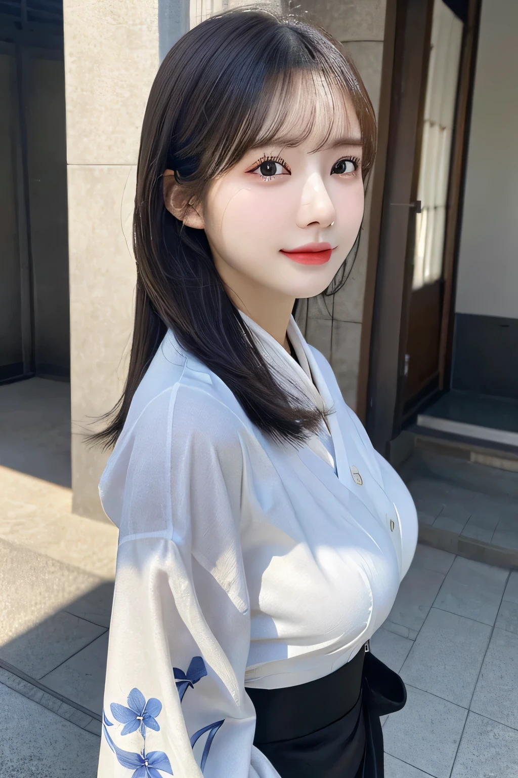 (kimono)、(top-quality,masterpiece:1.3,超A high resolution,),(ultra-detailliert,Caustics),(Photorealsitic:1.4,RAW shooting,)Ultra-realistic capture,A highly detailed,High resolution 16K human skin close-up。 Skin texture is natural、,The pores are、Must be detailed enough to be easy to identify。 Skin should look healthy with even tones。 Use natural light and color,1人,japanes,23years old,kawaii,A dark-haired,Middle hair,,smil,Turn your body to the front,(front-facing view:1.2),,(、tear bags、solid bangs、best qualtiy、超A high resolution、depth of fields、chromatic abberation、、Wide range of lighting、Natural Shading、), (Large Breasts:1.2),