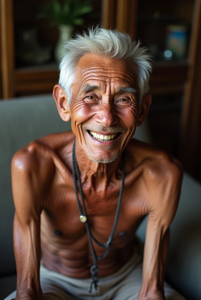 Make a realistic photo of an elderly man, Grinning, with indigenous traits, short-hair, white, thin body, Grinning em um sofá.