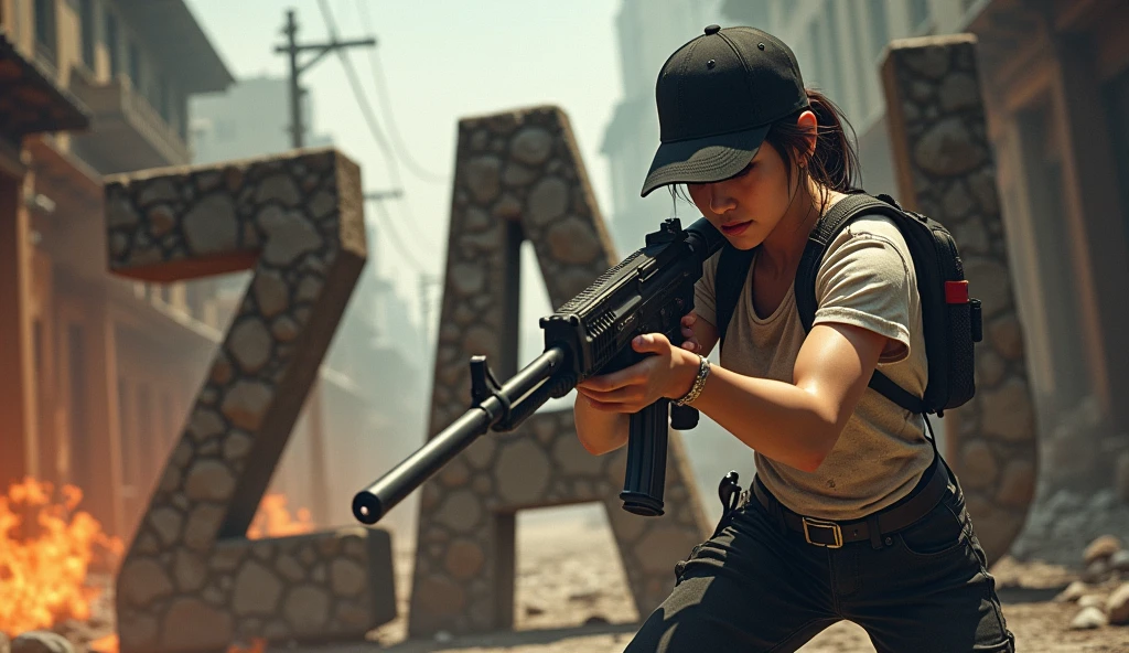 realistic image ZAU the Japanese woman gangster a black cap dirty white t-shirts And black pants holding high ripple gun save the young boy to 3d 3d WORDS "ZAU" texture broken stone font, with high action scene a sunlight abandoned house with street with fire smoke effects, with template character words anghel canas