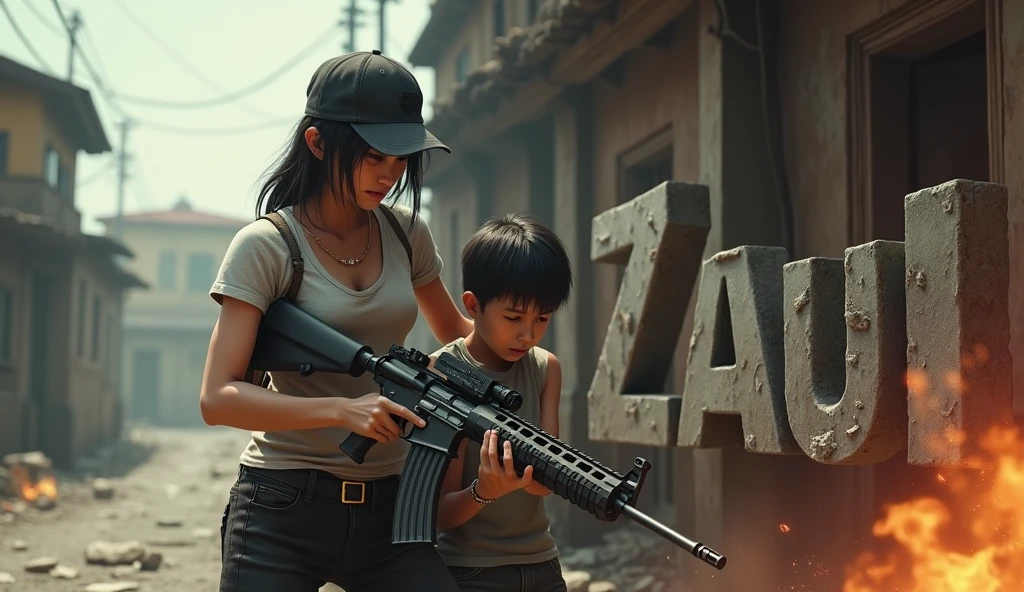 realistic image ZAU the Japanese woman gangster a black cap dirty white t-shirts And black pants holding high ripple gun save the young boy to 3d 3d WORDS "ZAU" texture broken stone font, with high action scene a sunlight abandoned house with street with fire smoke effects, with template character words anghel canas