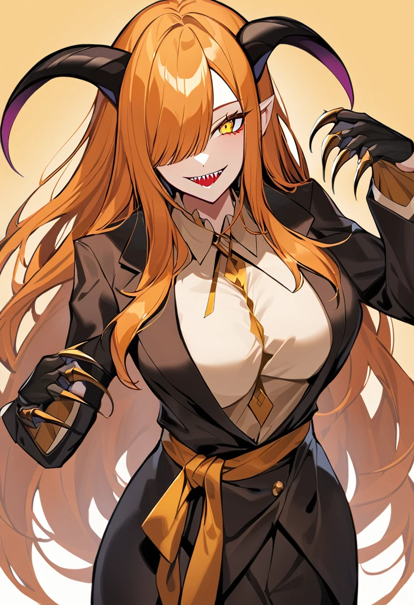 Woman with orange hair down to her waist, with bangs covering one eye, smiling full of sharp teeth, Eyes seductive, golden colored eyes, breasts big, suit with neckline, e saia sexy. Large horns and claws with demon ears.