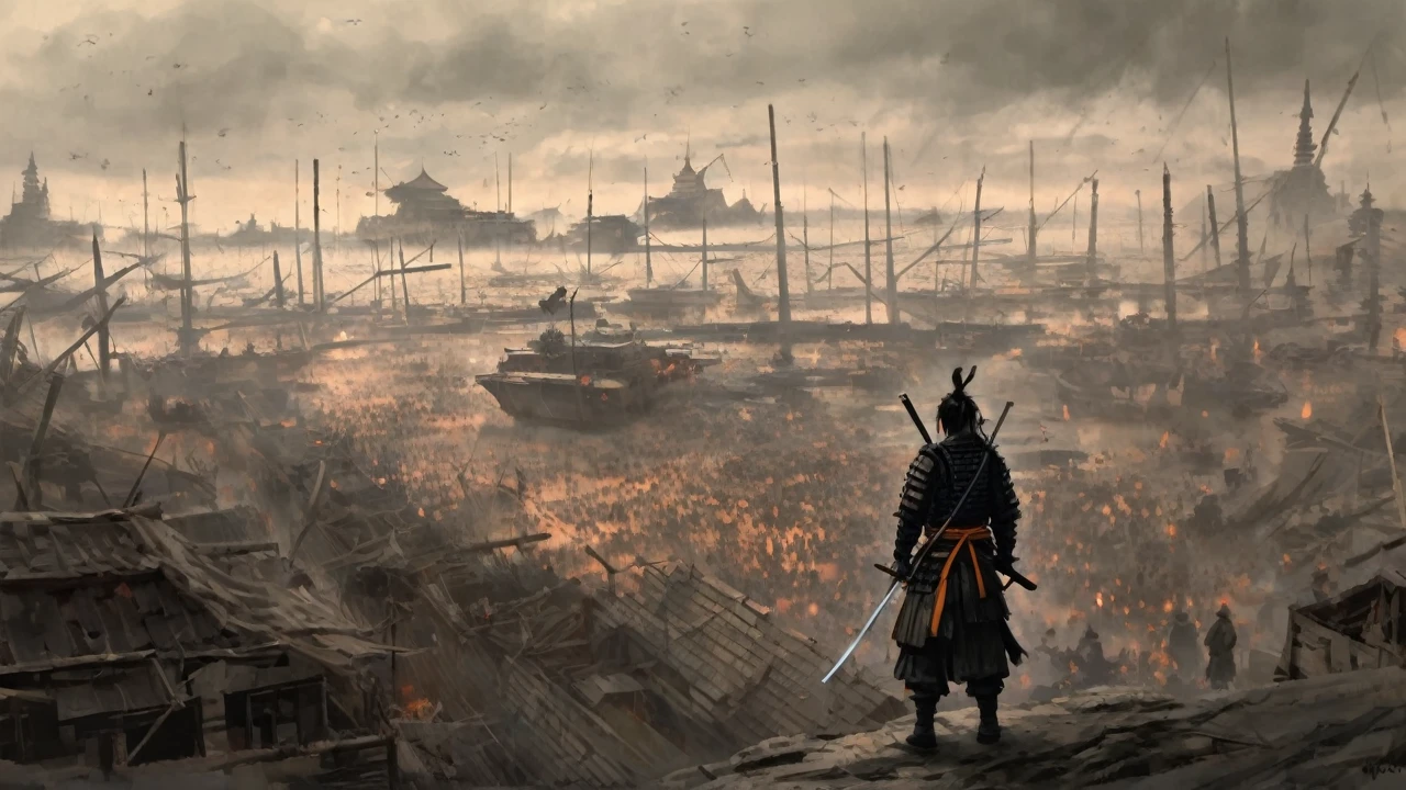 a samurai standing showing his back holding a katana watching the battlefield where people fighting and full of chaos and war, the atmosphere is scary and the tone of the image is orange