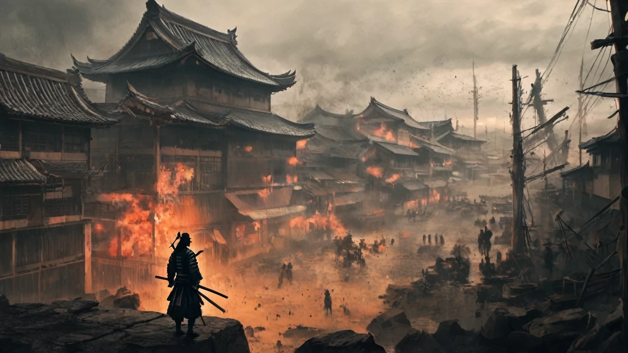 a samurai standing showing his back holding a katana watching the battlefield where people fighting and full of chaos and war, the atmosphere is scary and the tone of the image is orange
