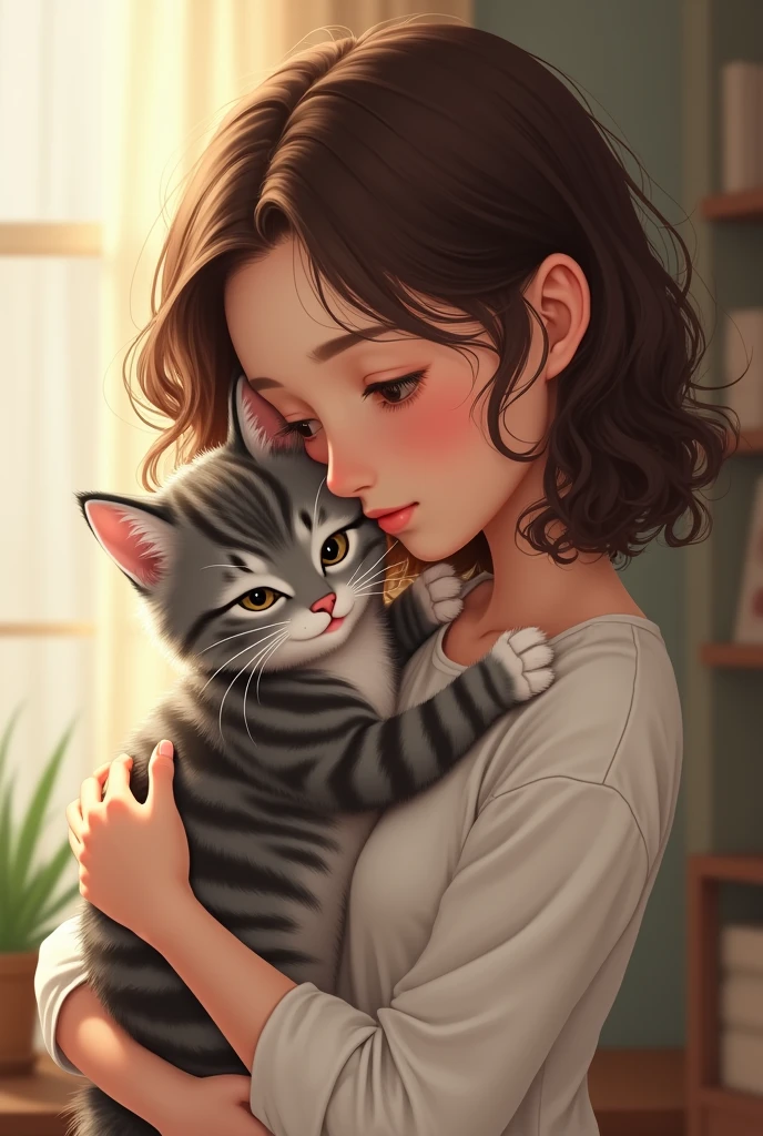 A short young woman with long wavy brown hair and pearly skin tone hugging a male tabby kitten with gray stripes and an M on the kitten's forehead