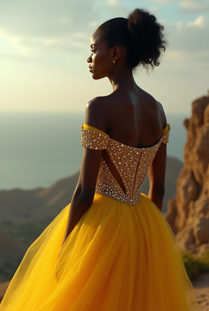 a beautiful black woman wearing a yellow dress with intricate jeweled details, looking out towards the horizon, cinematic lighting, dramatic posing, 8k, high quality, photorealistic, hyper detailed, masterpiece