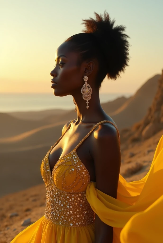 a beautiful black woman wearing a yellow dress with intricate jeweled details, looking out towards the horizon, cinematic lighting, dramatic posing, 8k, high quality, photorealistic, hyper detailed, masterpiece