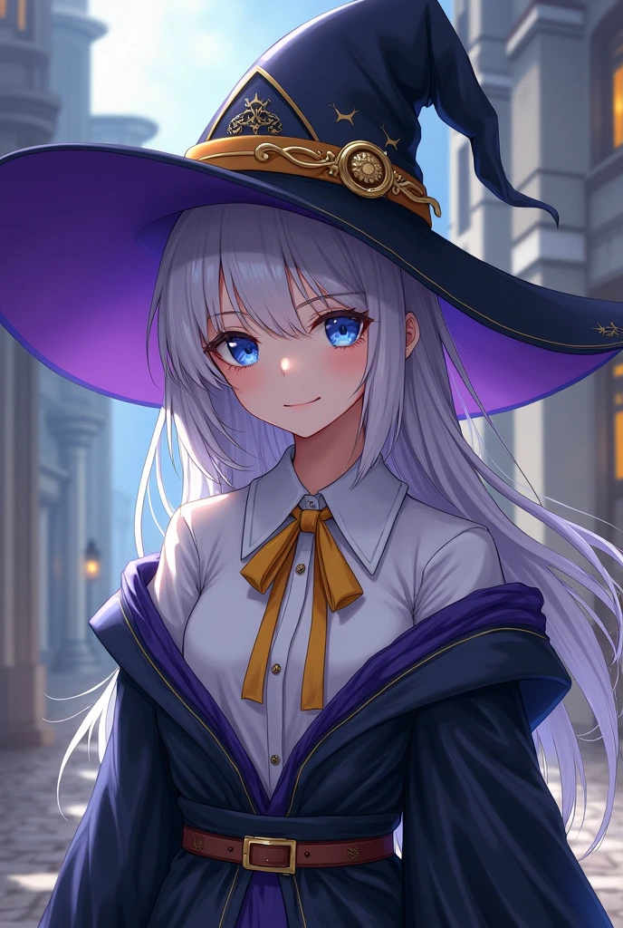 elaina_(It could_phi_Gossip), masterful, work of art, 4K,, 1 girl, feminiphi, comely, A glass, ashen hair, big magic hat + black on top and purple on the inside, blue colored eyes, white shirt, yellow ribbon, black robe,, kawaii, looking ahead at viewer, slightly-smile, magic, plaphi de fundo Europa medieval,