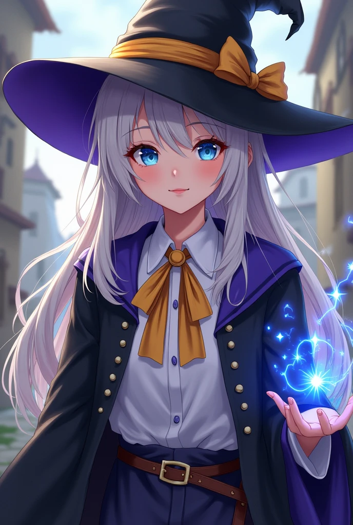 elaina_(It could_phi_Gossip), masterful, work of art, 4K,, 1 girl, feminiphi, comely, A glass, ashen hair, big magic hat + black on top and purple on the inside, blue colored eyes, white  shirt, yellow ribbon, black robe,, kawaii, looking ahead at viewer, slightly-smile,  magic, plaphi de fundo Europa medieval,