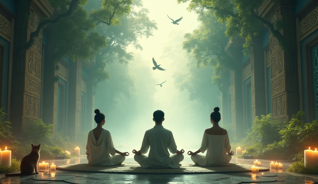 me realistic image of 3 asian meditating in an astral temple with forest and birds flying and cat next to it and candles on the side