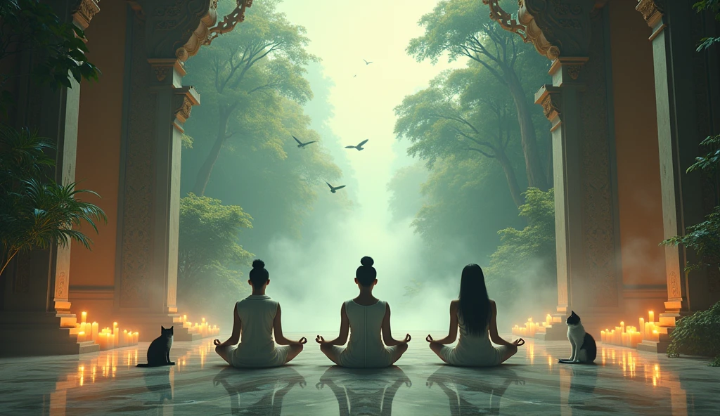 me realistic image of 3 asian meditating in an astral temple with forest and birds flying and cat next to it and candles on the side