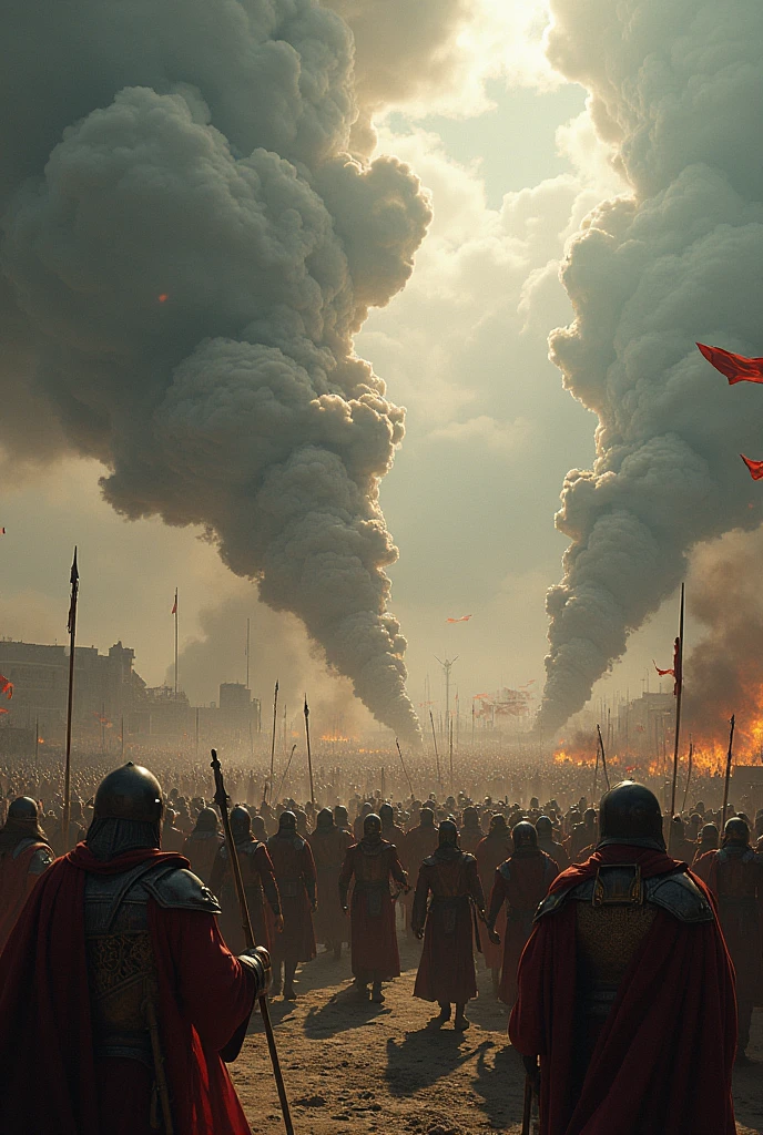 A powerful scene of global conflict, with nations and kingdoms fighting battles, as the earth trembles and famine spreads, as the world experiences the beginning of birth pangs