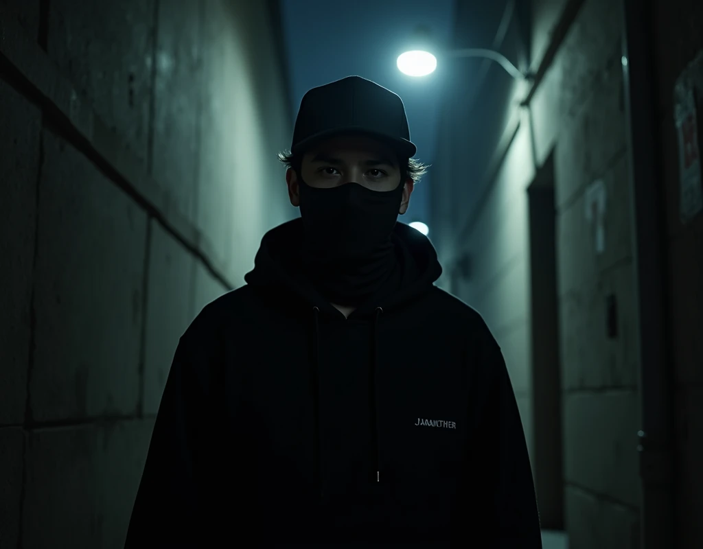 man with cap and mask looking with a challenging look in an alley at night