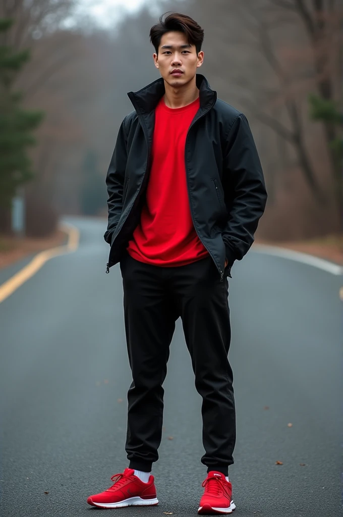 ((best quality)), ((masterpiece)), (detailed), perfect face A handsome korea man, wearing a red shirt, black jacket, red sneaker , ideal muscular body, standing tall on the pitch black asphalt,Realistis hd 