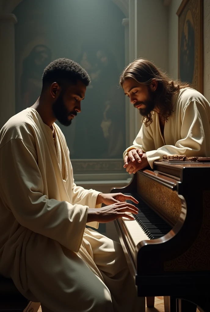 A young dark-skinned man playing the piano and may Jesus be nearby listening to him