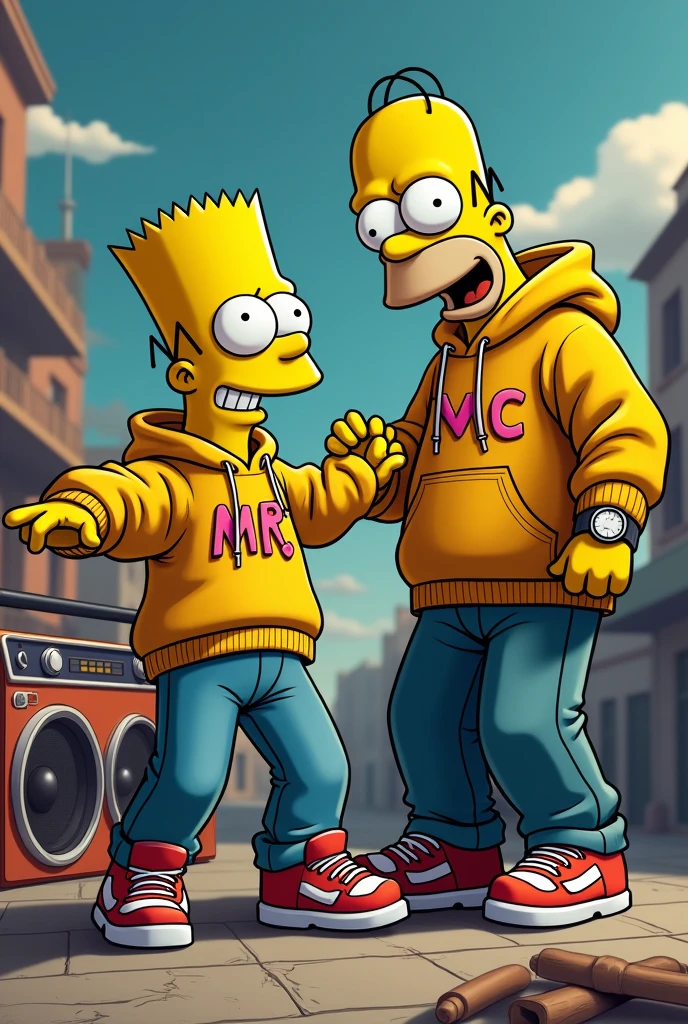 Bart and Homer Simpsons rappers with a loose sweatshirt, one with letters that say Mr V and the other with a loose sweatshirt that says Vito Mc, both with loose pants and hip hop sneakers with an old radio dancing break dance 