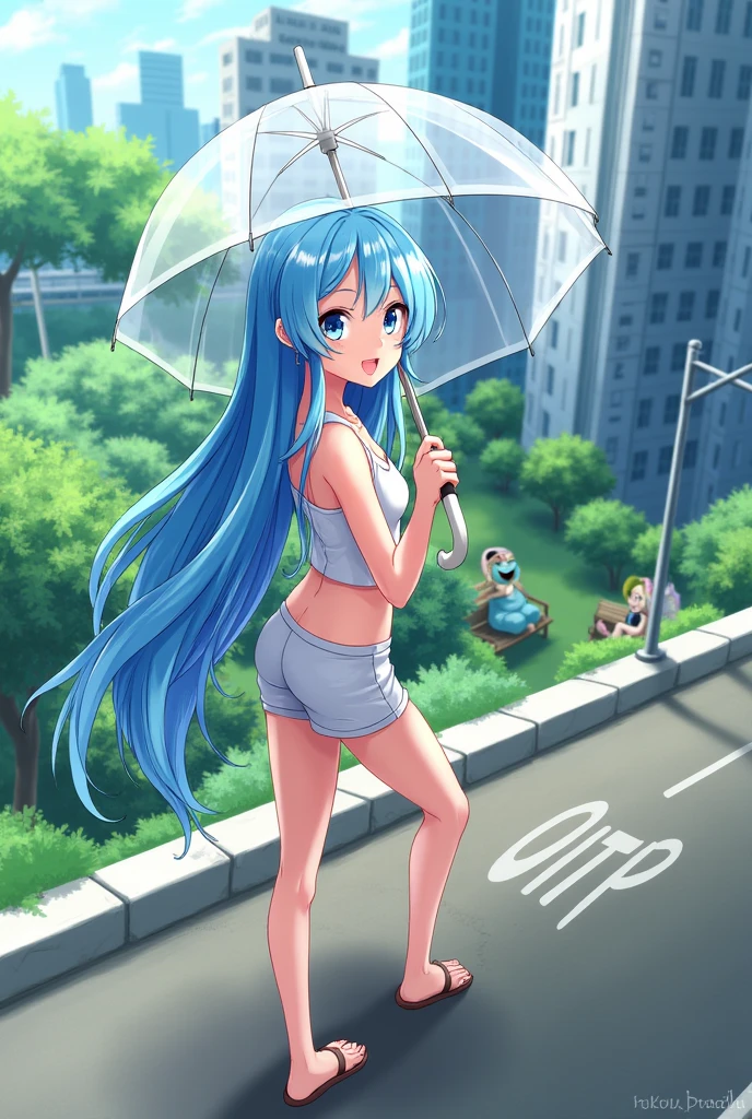  Ai animated Beautiful female character who is walking at the side of road with his transpirant umbrella   in front of camer photos and take one photo  in front camera wearing summer  season  clothes and blue colour hair shining  with long hair at the top of city building  she sited at the last corner building  talking with her friend with laughing and smile to  sitting with her friends in the long green garden to sit on  the bench to sit down with her friends  and the second one friends hair colour is green and yellow with full cover clothes