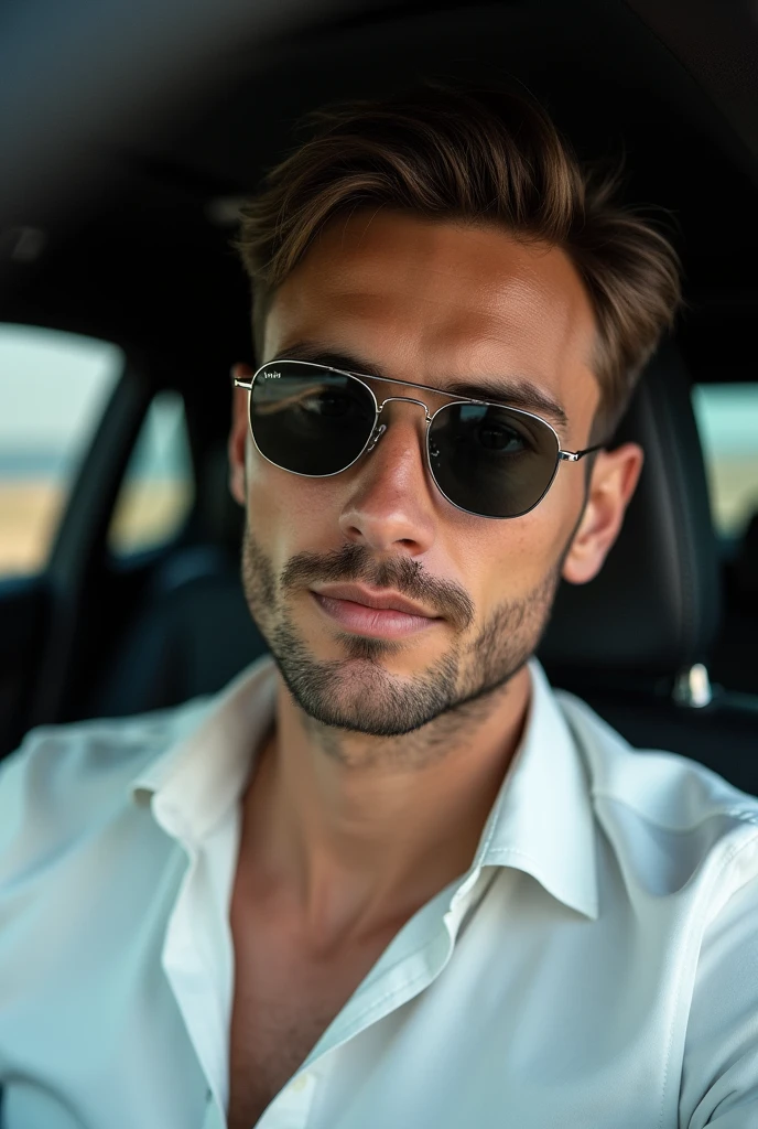 Create an image of a man in his late 20s or early 30s, with a light complexion and short brown hair. He has a light beard and mustache, with a neatly trimmed appearance. The man is wearing dark sunglasses with a thin metallic frame. He is dressed in a white button-up shirt, partially unbuttoned at the top. The man is seated inside a car, with dark interior accents visible in the background. His expression is neutral, with a slight hint of confidence. The lighting is natural, coming from the side, with a soft shadow on one side of his face. The image should be a close-up, focusing primarily on his face and upper body.