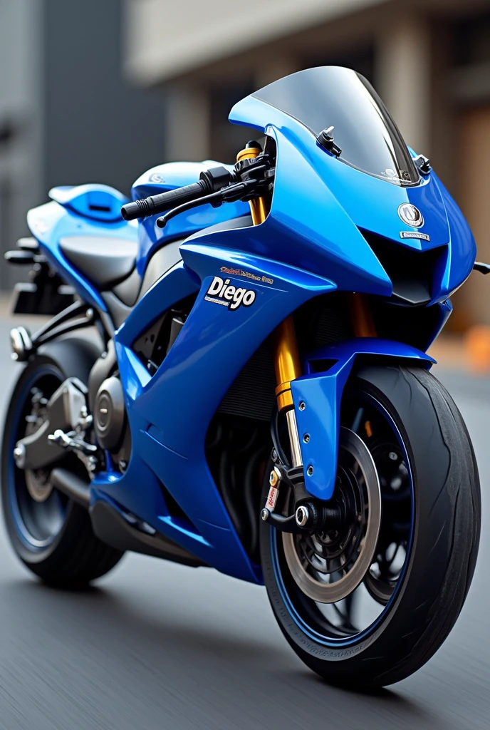 Blue sporty motorcycle with the name DIEGO
