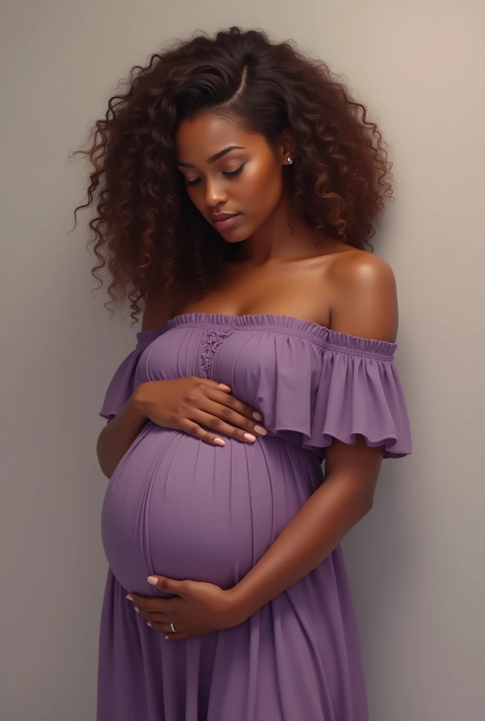 An image of an African American woman with brown wavy hair and grey eyes pregnant looking at her belly with love in a purple dress