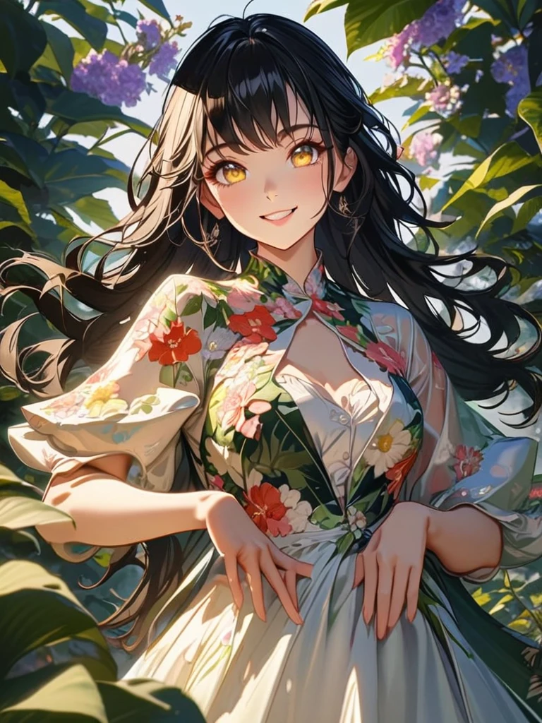 Beautiful girl, wearing floral outfit , smiling, facing the camera, floral ambience, black long hair, yellow  eyes, perfect anatomy, perfect ilumination, simple poses, cute pose, hd details, detailed image, detailed anatomy, normal anatomy