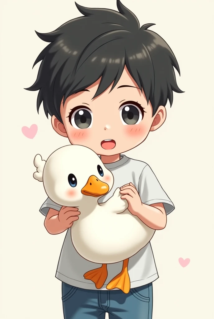 Create a profile picture for an anime style YouTube channel of a Japanese boy who has a pet white duck