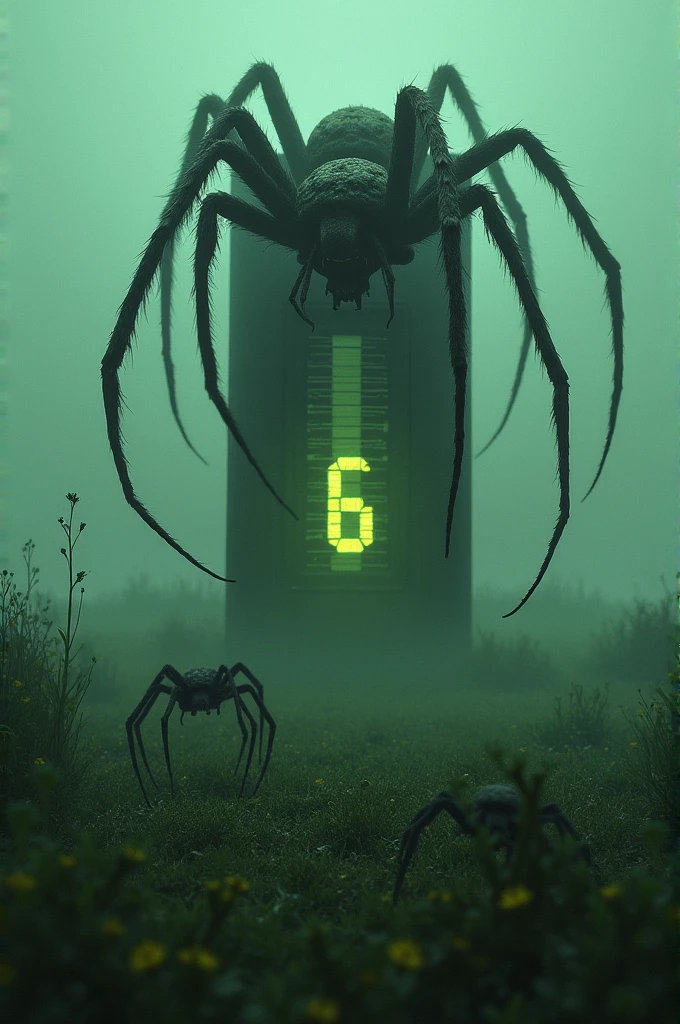 Create a photo that says 6° C and has spiders and is very large green