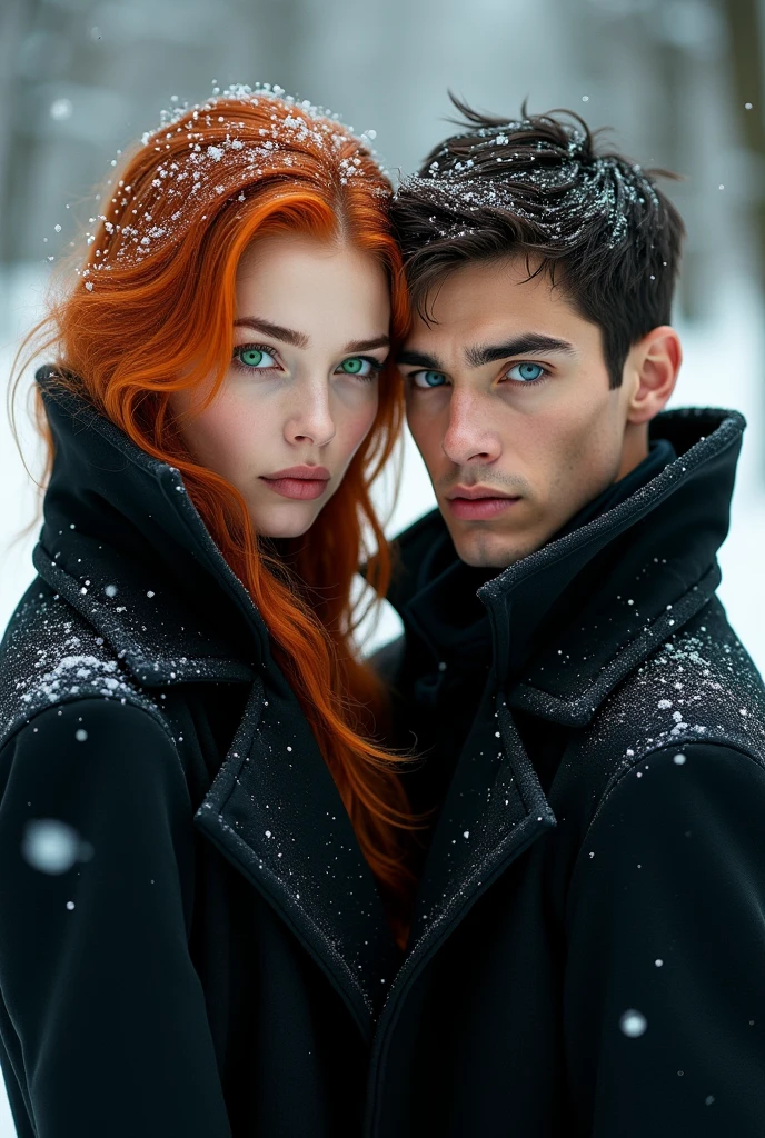 1 Sexy 2 woman with copper hair and emerald green mermaid eyes, with a black coat in the middle of the snow while snowflakes fall in her hair, At his side a sexy 2 man with black hair and blue eyes while wearing a black coat. Looking forward 