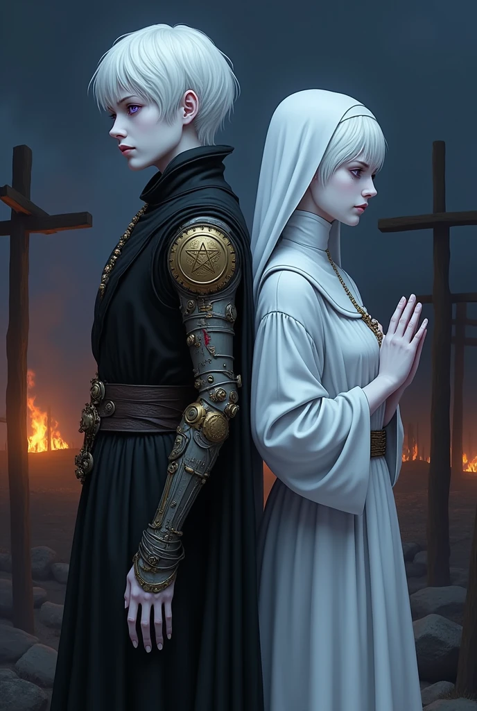 Two albinos from the Middle Ages back to back with violet eyes and white hair, with the one on the left wearing dark alchemist clothes and the left arm with a steampunk prosthesis with a pentagram and blood, and the one on the right in white nun's clothes holding a rosary with her eyes closed, with an execution at the stake behind. the night