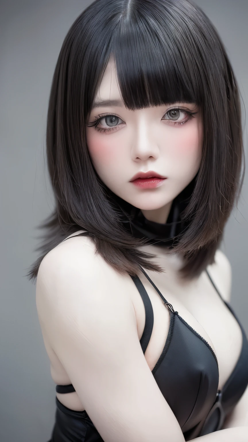 Perfect Anatomy、Highest quality、Masseter region、Very detailed、8ｋ、Accurate depiction of the human body、Whole body angle、Delicately painted face、((Full nudity))、１４talent、Woman with beautiful face、Gothic Fashion、Black Gothic Fashion、Black and white outfit、Hime cut hair、Beautiful silky hair:1.5、Blunt bangs、big red hair ornament、Red ribbon hair ornament、big red hair ornament、Are standing、Front Angle、Whole body angle、(((Blurred Background:1.5、Photo studio、Gray background:1.5、Gray background、Gray background、Gray background、Gray background、Cinema Lighting、Professional Photographer)))