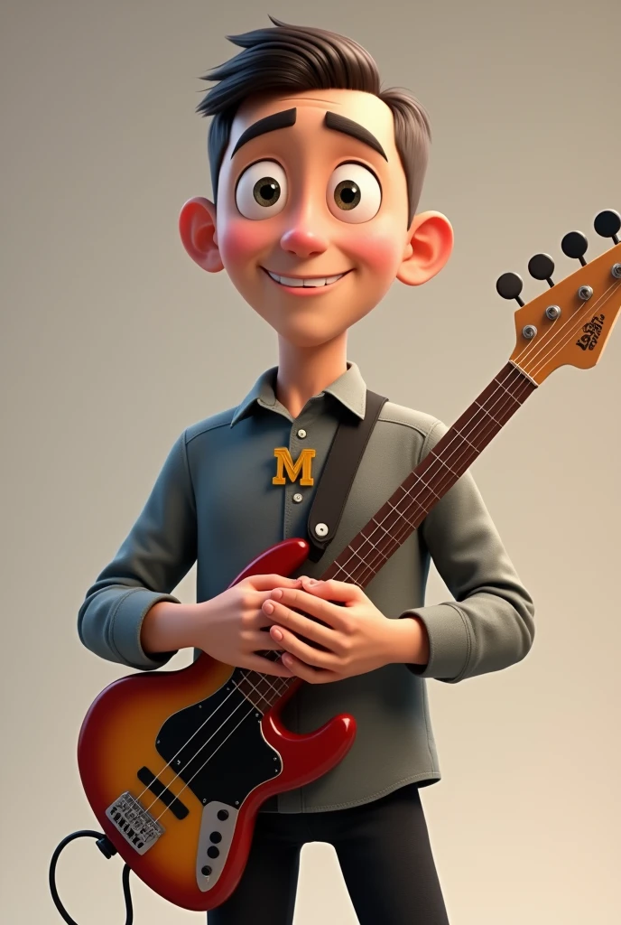 Make a man, Pixar-style. white male. bass guitar. with very short hair. , with a cross-shaped cord with an M in the middle. gray dress shirt. black pants. hands on top of each other.
