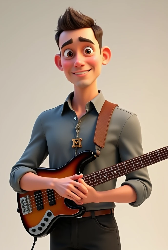 Make a man, Pixar-style. white male. bass guitar. with very short hair. , with a cross-shaped cord with an M in the middle. gray dress shirt. black pants. hands on top of each other.