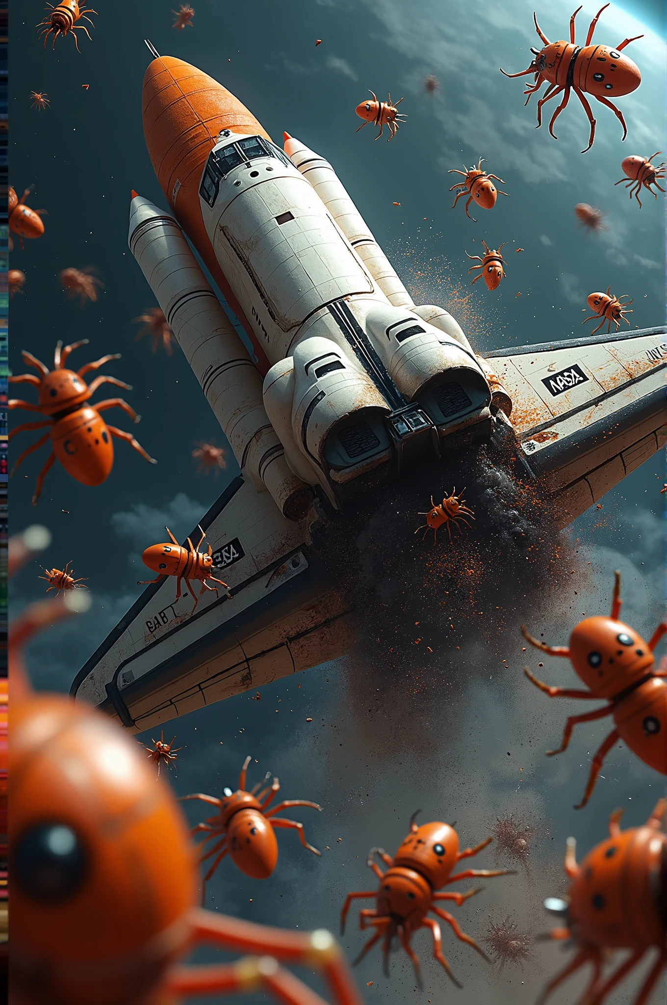 Orange robotic bugs ripping apart NASA space shuttle 