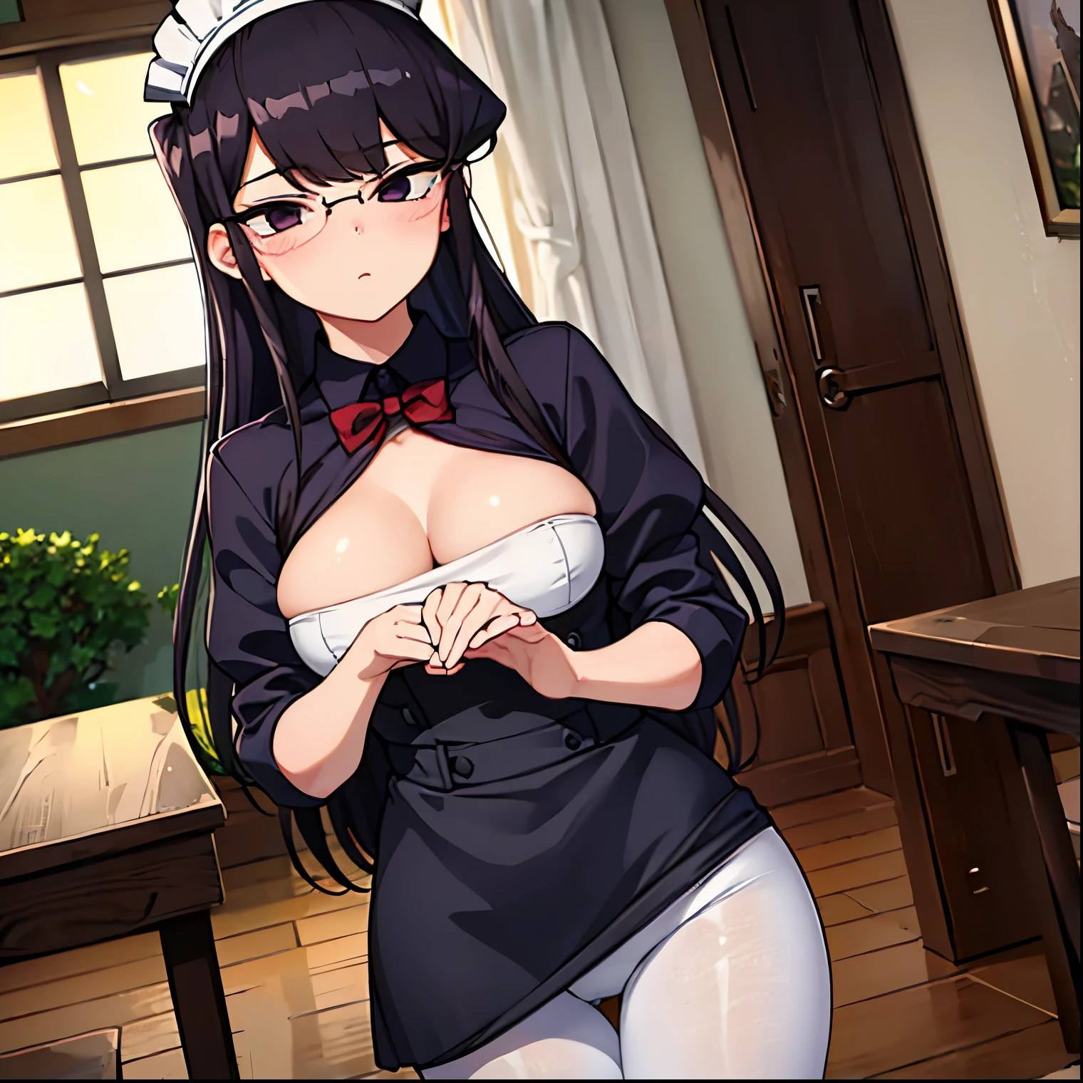 ((1girl)),((alone)),komi shouko,(masterpiece), (best quality), (ultra detailed), (best illustration), (best shadow), (absurdities), sharp focus, cowboy shot , dynamic pose looking at the viewer, large breasts, narrow waist, wide hips, medium thighs, round butt, dynamic posture, long hair, black hair, purple eyes, glasses, black dress, maid's headdress, opening in the chest, style sleeves Juliet, puffed sleeves, white apron, pantyhose, shoes, calm look, closed mouth, serious expression, (sexy pose: 1.2), ((alone)), standing: 1.3, Indoor, cafe, tables, bar, sunset , looking forward, ((focus on breasts)), point of view (from middle), red blush, perfect anatomy, perfect hands.