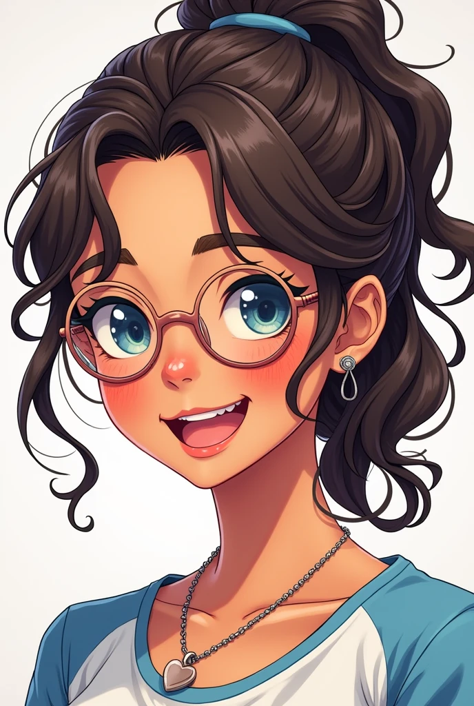 Style manga, a 3 white woman with a tanned complexion. round face, dark brown wavy hair tied in a high unstructured ponytail. Ses lunettes arrondies couleur cuivre. blue eye, Full lips. Elle sourit et ses yeux pétillent. She is wearing a white and blue top. Nose piercing on the left.
Small round earrings Silver chain necklace with a small heart