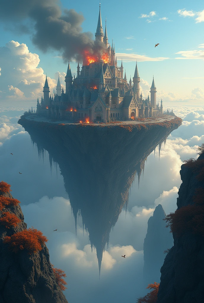 Create a (((medieval, fantasy metropolis))), perched atop a (((flying island))) suspended in the (((clouds))), where the buildings and structures are in a state of (free fall), with the surrounding (sky) in a serene, (clear blue), contrasting against the (dark, war-torn walls) that stretch outwards, capturing the essence of a (timely snapshot), amidst the (hyper-detailed, high-resolution backdrop), being destroyed and set ablaze, as if burning embers are (spinning out of control) and falling in a (dramatic and captivating scene). Include (fine details) like fluttering leaves and swirling winds, enhancing the realism of the setting. Ensure the lighting is (hyper-quality) and (highly detailed) to bring the scene to life in a visually stunning and (immersive environment).