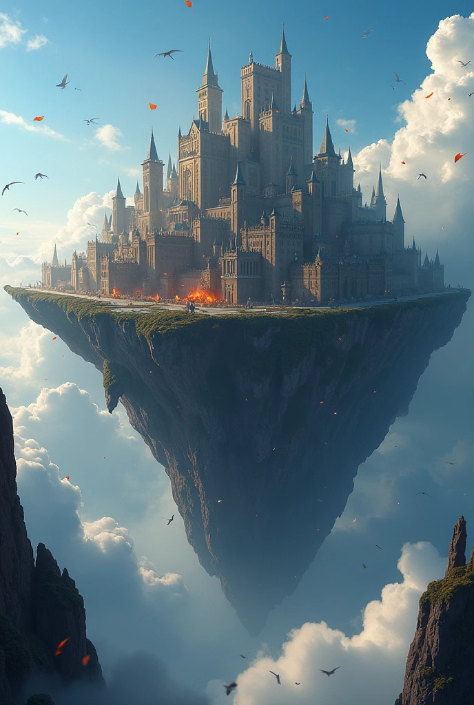 Create a (((medieval, fantasy metropolis))), perched atop a (((flying island))) suspended in the (((clouds))), where the buildings and structures are in a state of (free fall), with the surrounding (sky) in a serene, (clear blue), contrasting against the (dark, war-torn walls) that stretch outwards, capturing the essence of a (timely snapshot), amidst the (hyper-detailed, high-resolution backdrop), being destroyed and set ablaze, as if burning embers are (spinning out of control) and falling in a (dramatic and captivating scene). Include (fine details) like fluttering leaves and swirling winds, enhancing the realism of the setting. Ensure the lighting is (hyper-quality) and (highly detailed) to bring the scene to life in a visually stunning and (immersive environment).