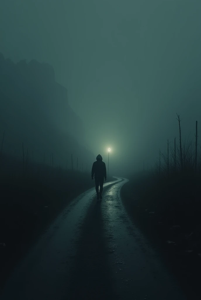 : A lone figure walking on a dark road, guided by a distant light.