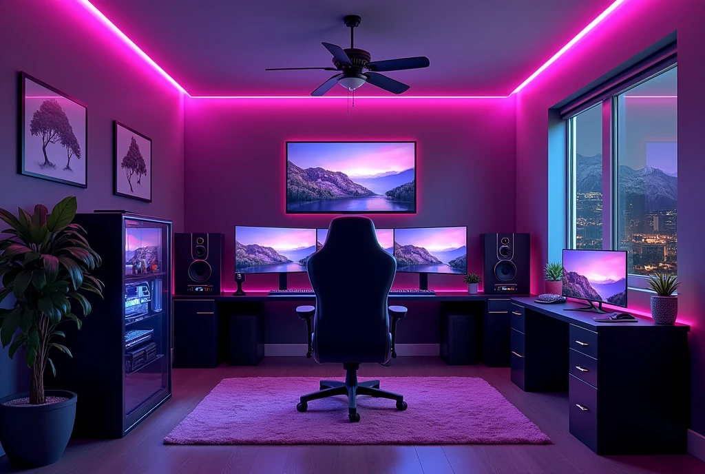 Create a gamer room with enough space with purple colors with high quality 

