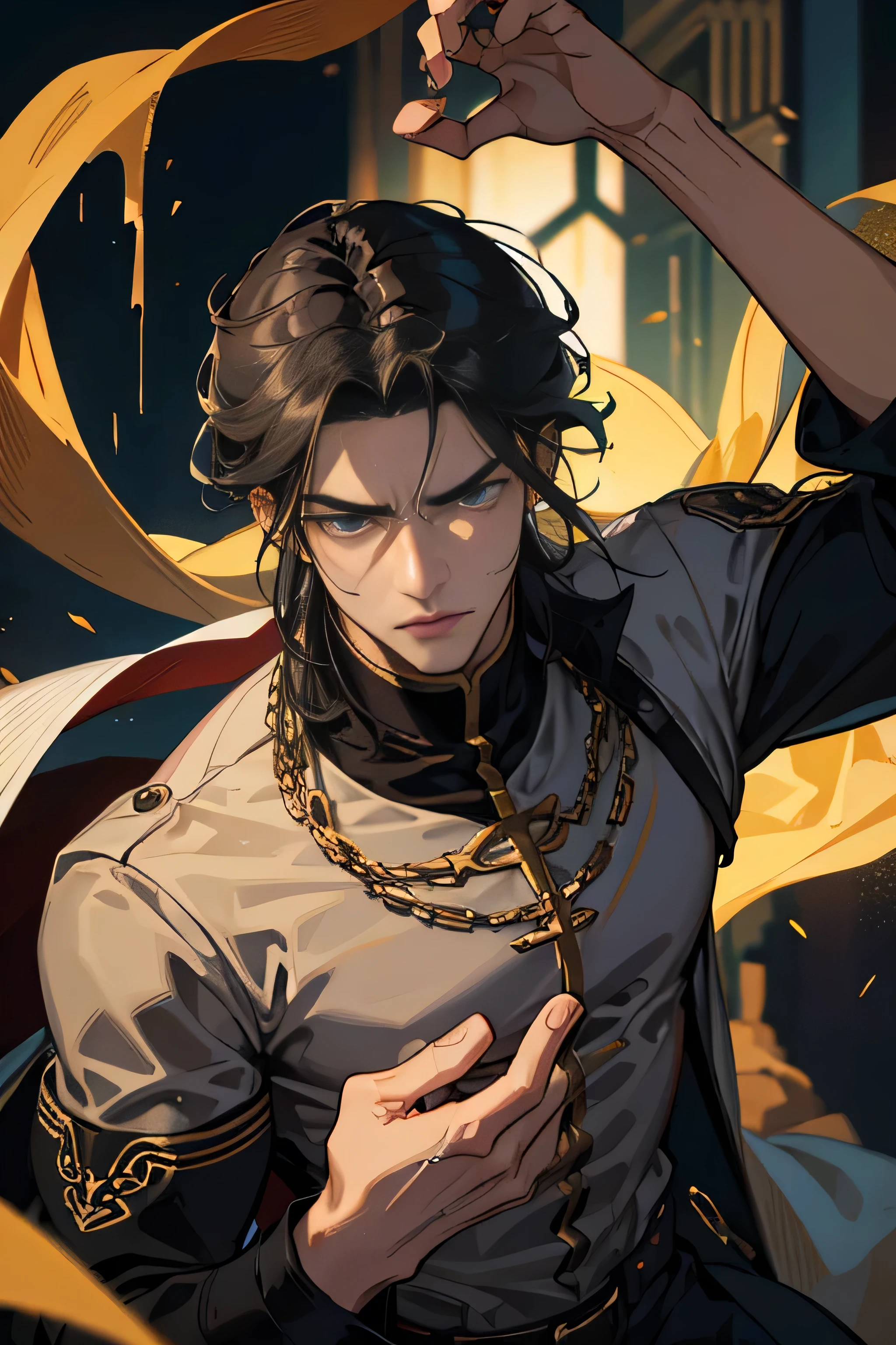 Protective, Loving, Tall, Lean, Muscular, Dark hair, Tousled, Steel-grey eyes, Amber eyes, Tanned, Piercing, Caring, Complex, Conflicted, Resurrected, Dark forces, Emotional depth, Intense, Hidden motives, Manipulative, Dynamic, Powerful, Guilt, Regret, Male, adult, In anime fantasy style, detailed character, masterpiece, best quality