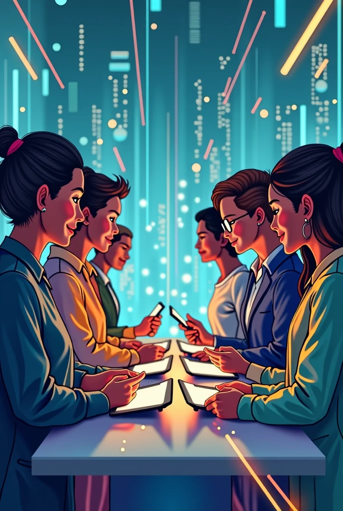 A detailed illustration of a diverse and inclusive team of men and women from various backgrounds, ethnicities, and specifically including people from Brazil, working together in a modern, high-tech environment. The team is connected by digital devices like tablets and laptops, symbolizing collaboration. Dynamic lines of light or energy in soft orange and blue tones flow between the team members, representing the exchange of ideas and innovation. The background is a futuristic setting with subtle elements like holograms, digital interfaces, and geometric patterns that suggest technology and progress. The overall style is clean, with vibrant colors such as blues, greens, and purples, creating a modern and energetic atmosphere.