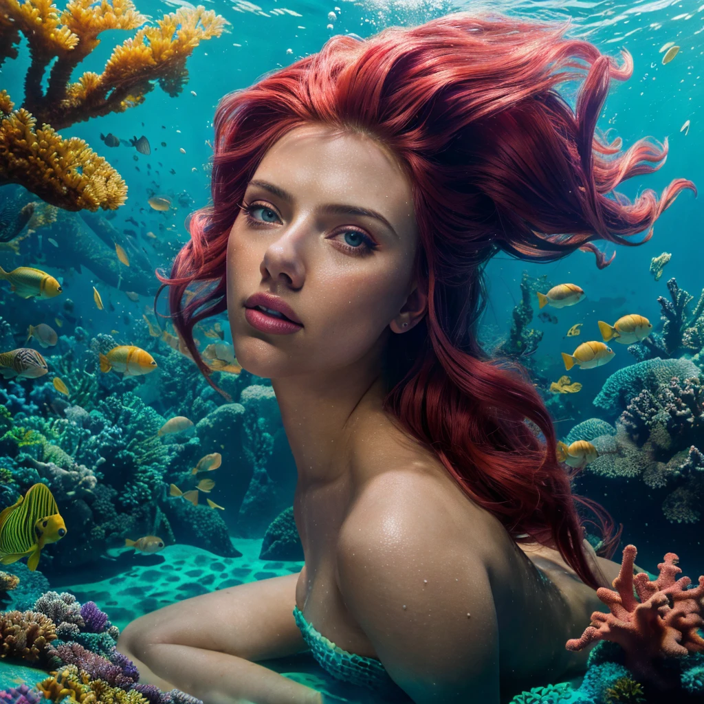 scarlett johansson as ariel the mermaid, beautiful detailed eyes, beautiful detailed lips, extremely detailed face and skin, long flowing hair, underwater scene, coral reef, colorful tropical fish, sunlight shimmering on the water, fantasy, ethereal, whimsical, vibrant colors, cinematic lighting, masterpiece, best quality, 8k, photorealistic