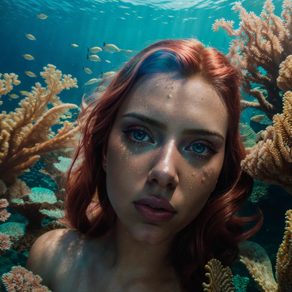 scarlett johansson as ariel the mermaid, beautiful detailed eyes, beautiful detailed lips, extremely detailed face and skin, long flowing hair, underwater scene, coral reef, colorful tropical fish, sunlight shimmering on the water, fantasy, ethereal, whimsical, vibrant colors, cinematic lighting, masterpiece, best quality, 8k, photorealistic